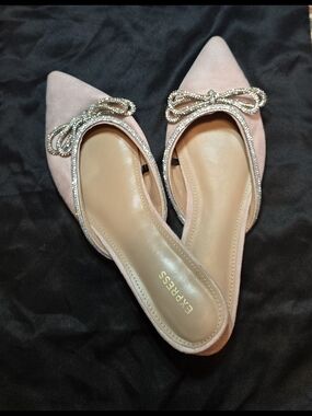 Express Pink Pointed Toe Slip On Flats With Sparkling Crystal Bow Accent-size 10
